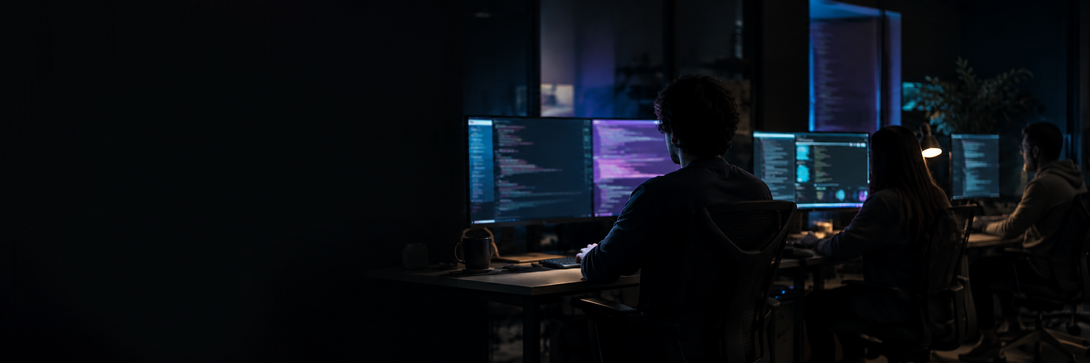 The Agent Flow development team working in a dark studio at night, screens glowing cyan and violet